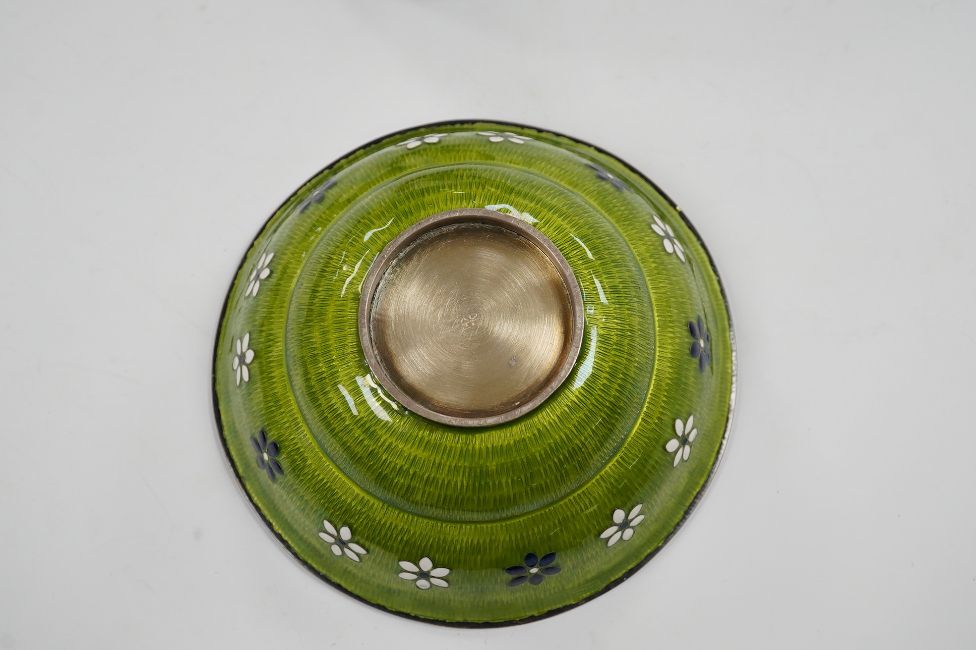 A Korean white metal and enamelled circular pot and cover, diameter 11cm, gross weight 7.6oz. Condition - fair to good